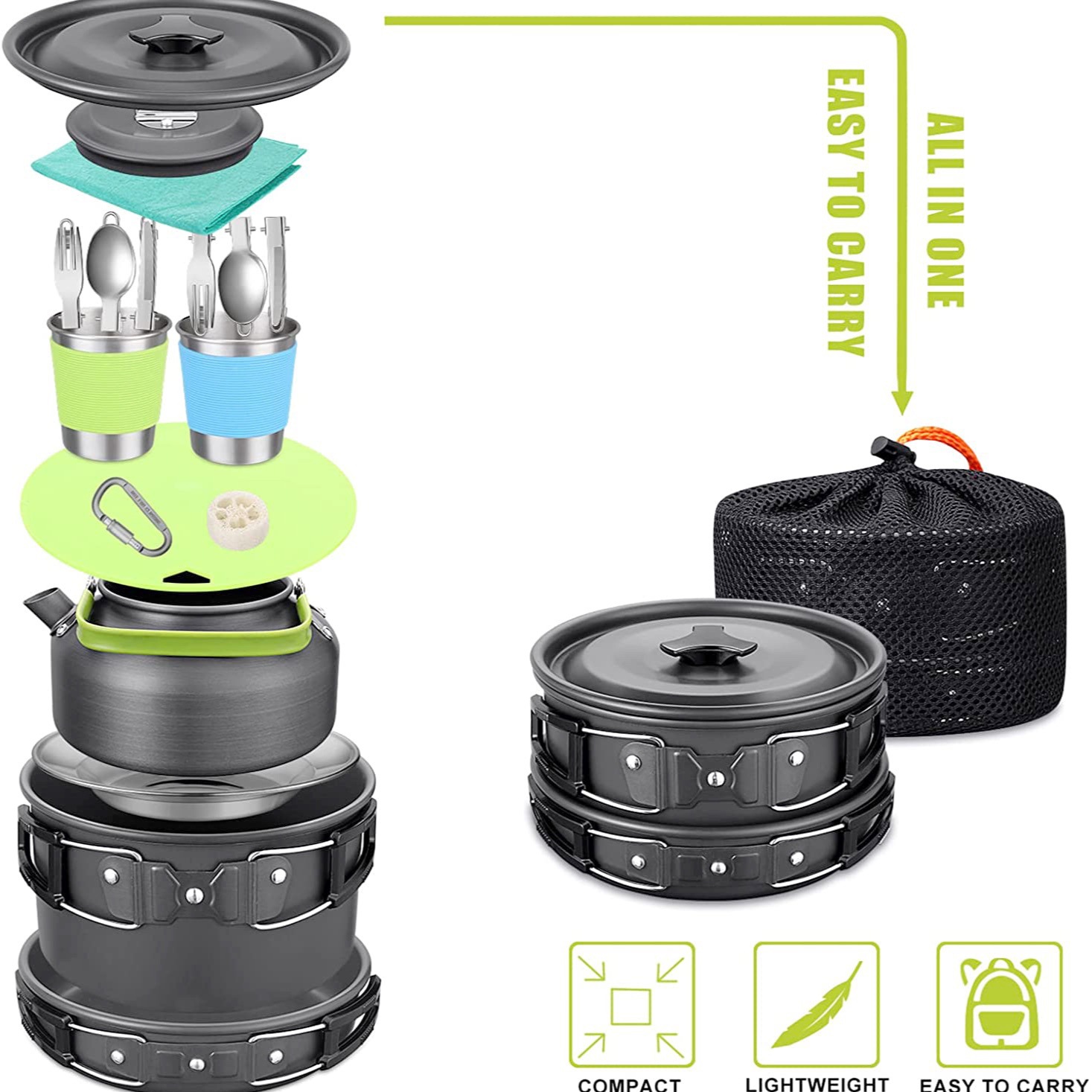 Camping Cooking Set With Kettle - 야외 캠핑 조리 세트(주전자 포함), 304
