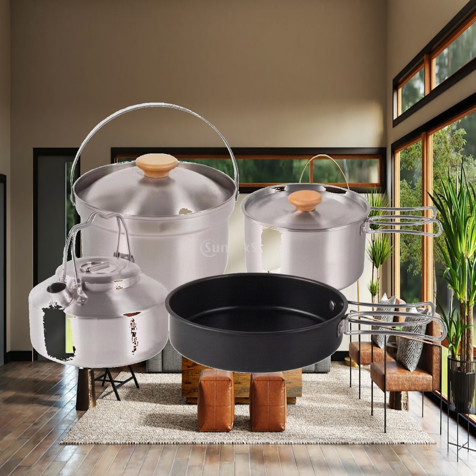 Camping Cooking Set With Kettle - 4피스 스테인리스 스틸 캠핑 조리기구 세트,