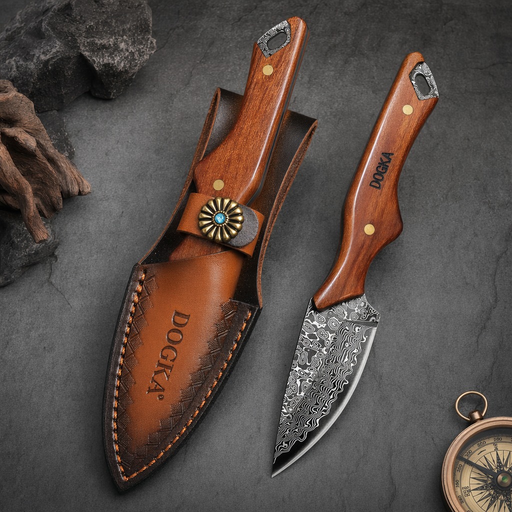 Camping Cooking Multi Tool - 다마스커스강 주방용 칼, 원목 손잡이와 가죽