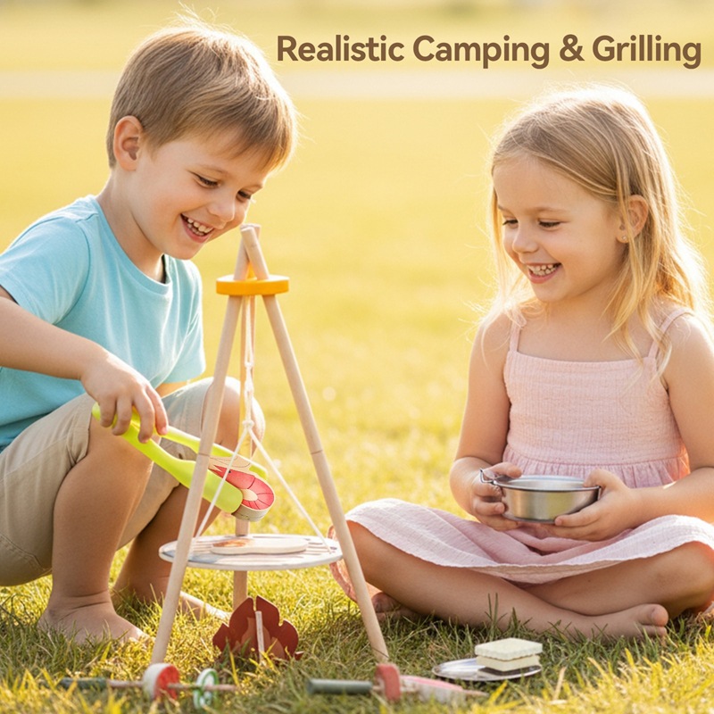 나무로 만든 어린이 캠핑 바비큐 장난감 세트, 삼각대  - Camping Cooking Kids 리뷰 및 가격