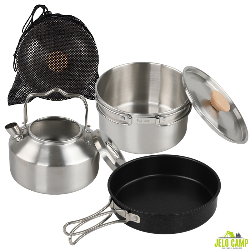 고급 304 스테인리스 스틸 캠핑 조리기구 세트 & 아 - Camping Cooking Set With Kettle 리뷰 및 가격